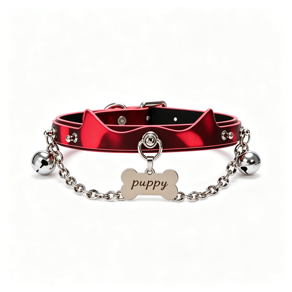 WILDCHOK Red Cat‑Ear PU Choker | Bone‑Shaped Engravable Charm with Dual Bells