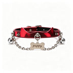 WILDCHOK Red Cat‑Ear PU Choker | Bone‑Shaped Engravable Charm with Dual Bells