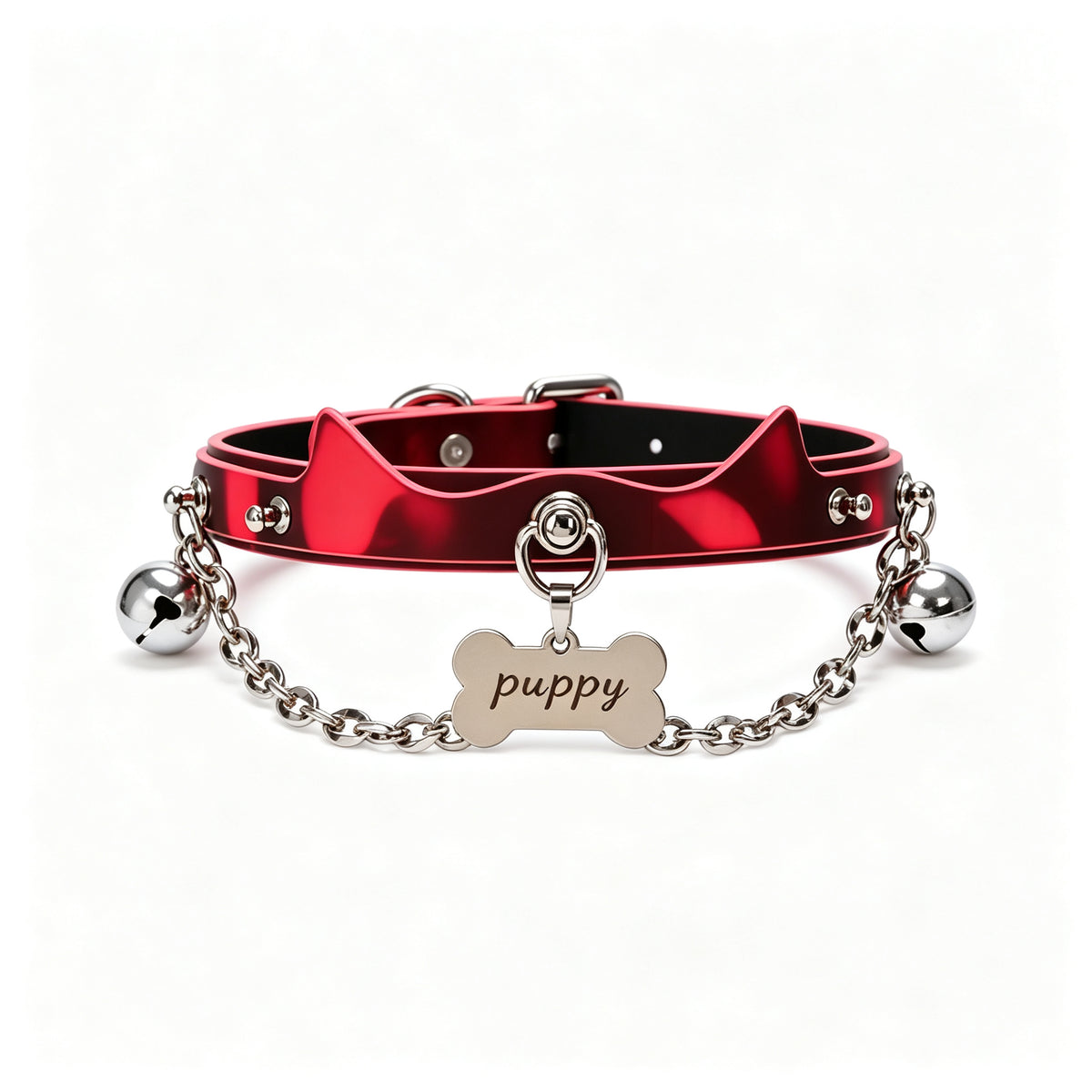 WILDCHOK Red Cat‑Ear PU Choker | Bone‑Shaped Engravable Charm with Dual Bells