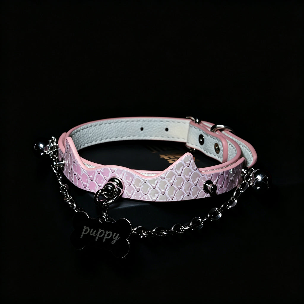 WILDCHOK Pink Snake‑Skin Cat‑Ear Choker | Engravable Bone Charm with Dual Bells