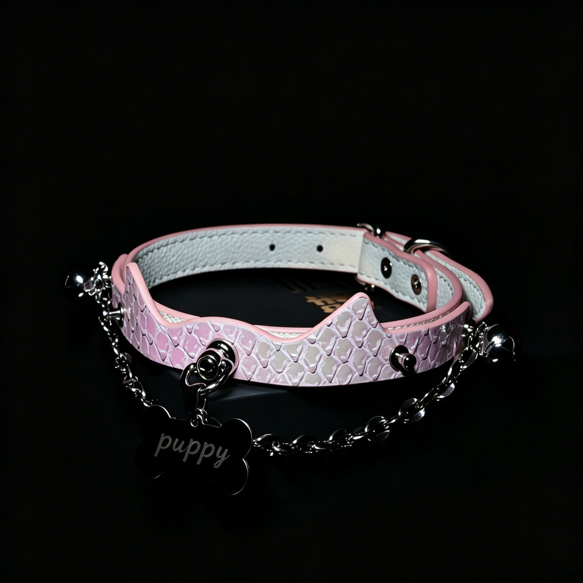 WILDCHOK Pink Snake‑Skin Cat‑Ear Choker | Engravable Bone Charm with Dual Bells