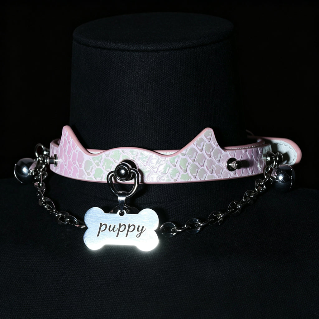 WILDCHOK Pink Snake‑Skin Cat‑Ear Choker | Engravable Bone Charm with Dual Bells