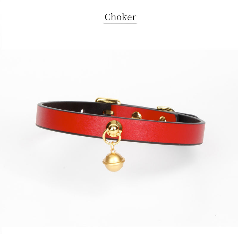 WILDCHOK Red Genuine Cowhide Leather Choker | Contrast Inner Lining with Gold Bell Pendant