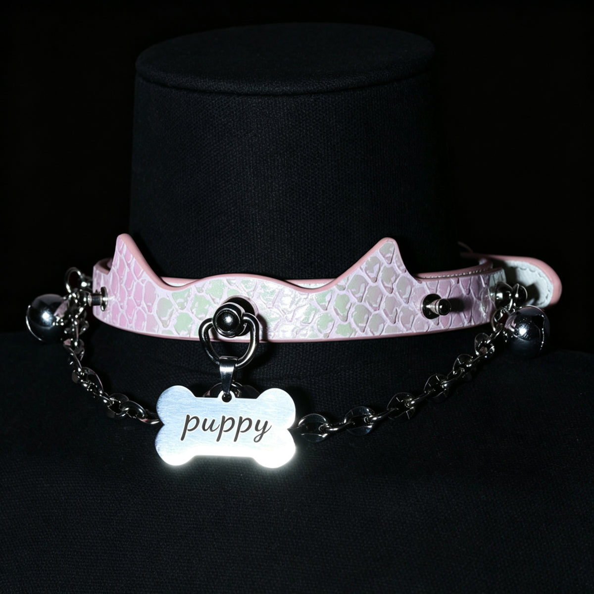 WILDCHOK Pink Snake‑Skin Cat‑Ear Choker | Engravable Bone Charm with Dual Bells