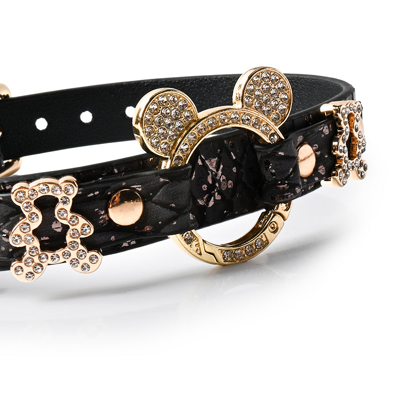 WILDCHOK PU Leather Choker | Sparkling Rhinestone Mouse‑Ear Frame with Gold‑Tone Hardware