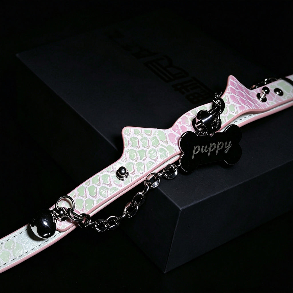 WILDCHOK Pink Snake‑Skin Cat‑Ear Choker | Engravable Bone Charm with Dual Bells
