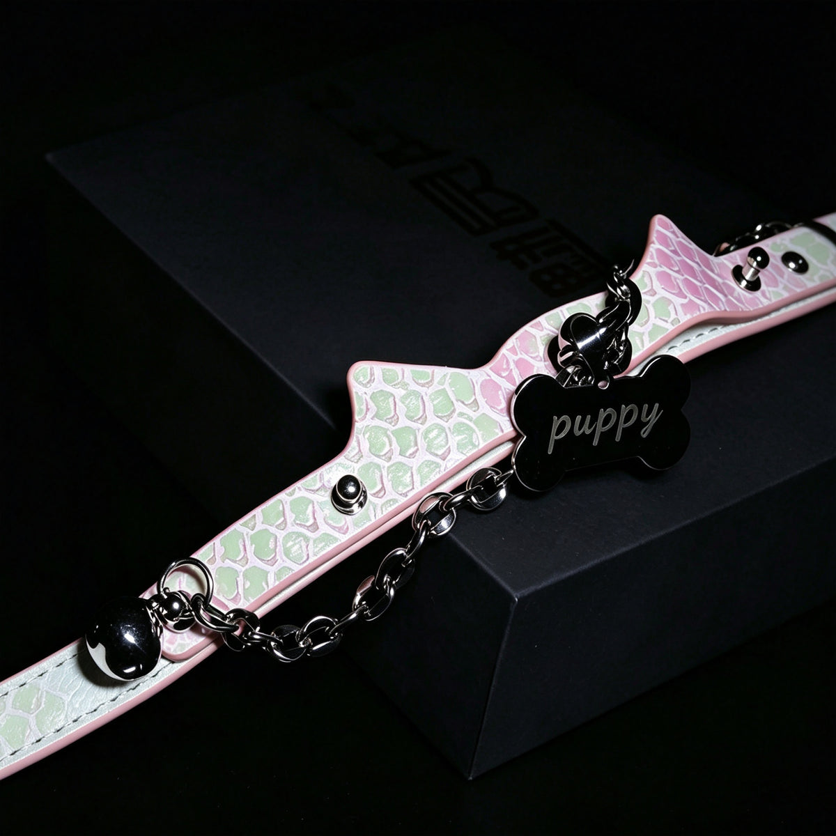 WILDCHOK Pink Snake‑Skin Cat‑Ear Choker | Engravable Bone Charm with Dual Bells