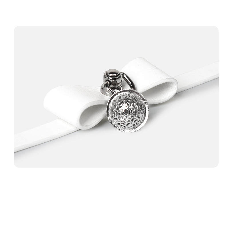 WILDCHOK White PU Leather Choker, Adjustable Collar with White Bow & Bell