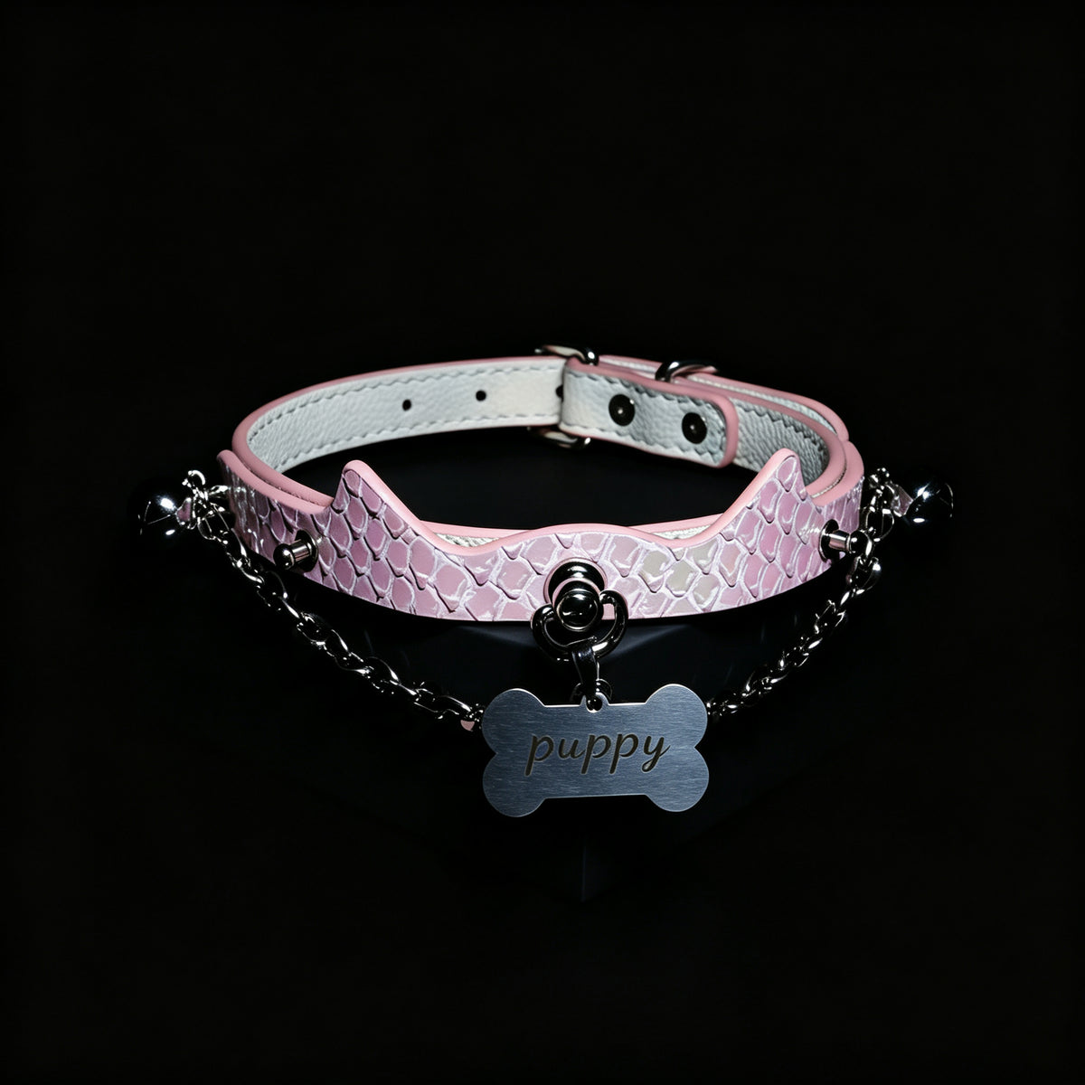 WILDCHOK Pink Snake‑Skin Cat‑Ear Choker | Engravable Bone Charm with Dual Bells