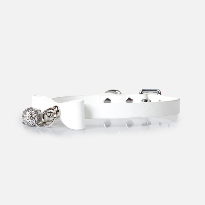 WILDCHOK White PU Leather Choker, Adjustable Collar with White Bow & Bell