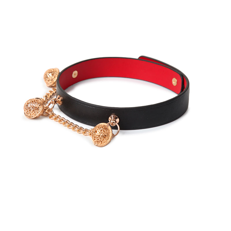 WILDCHOK Leather Bell Choker | Gold Chain Pendant Adjustable Cowhide Collar