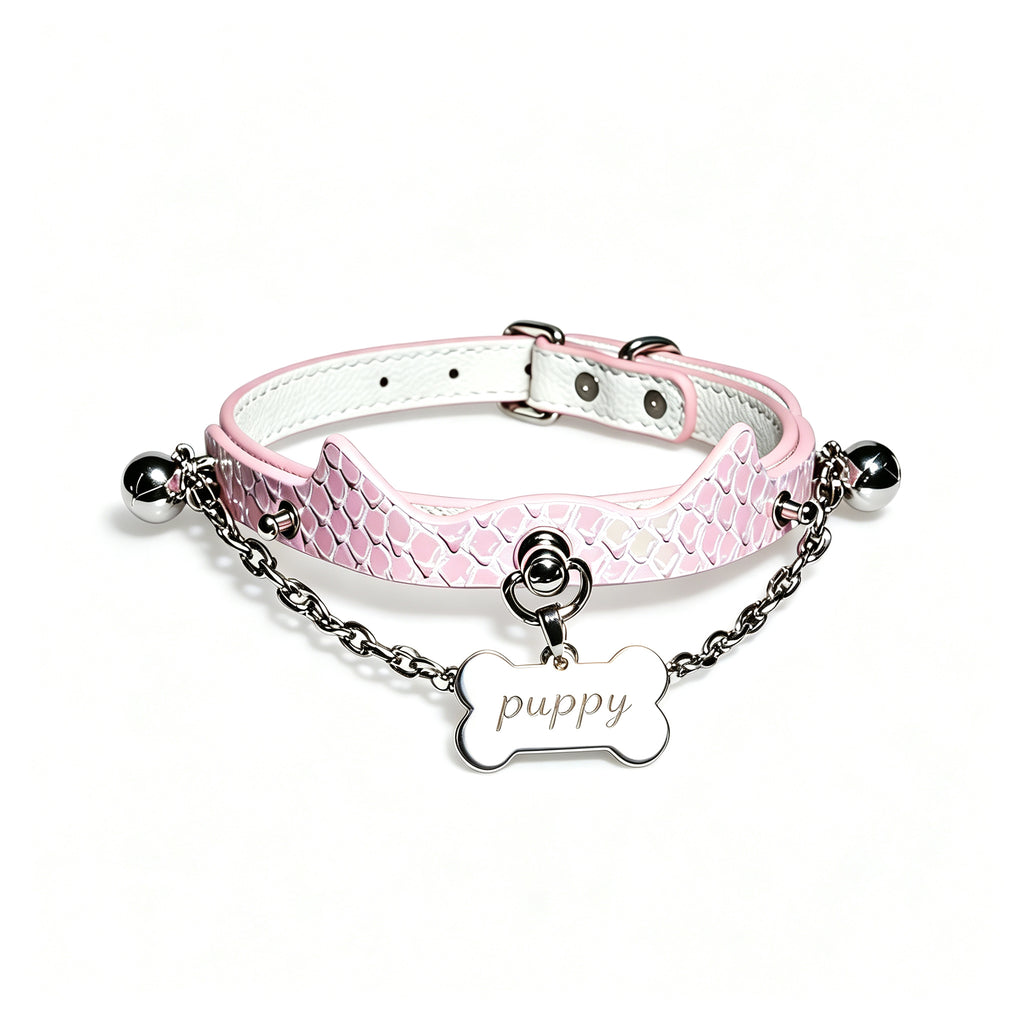 WILDCHOK Pink Snake‑Skin Cat‑Ear Choker | Engravable Bone Charm with Dual Bells