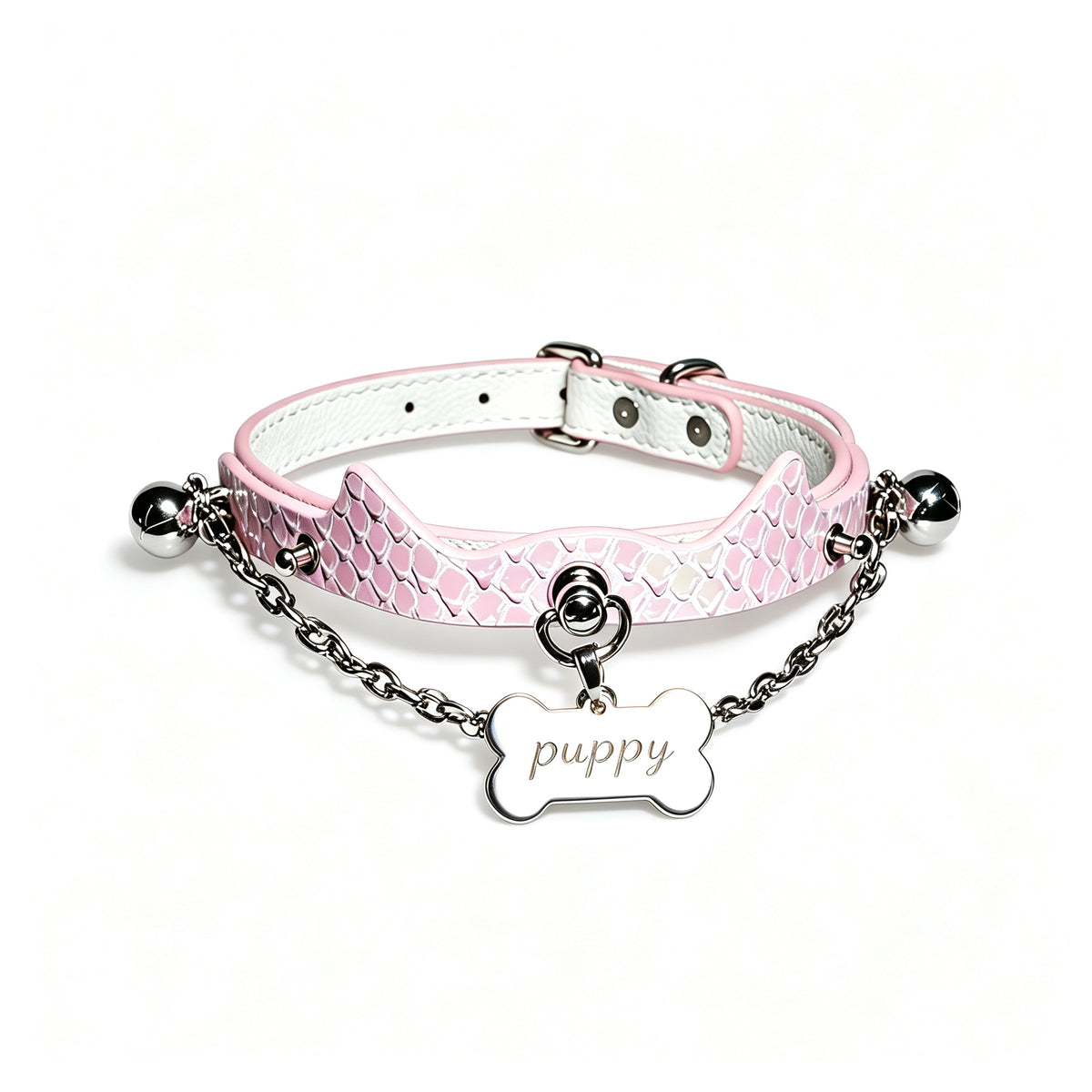 WILDCHOK Pink Snake‑Skin Cat‑Ear Choker | Engravable Bone Charm with Dual Bells