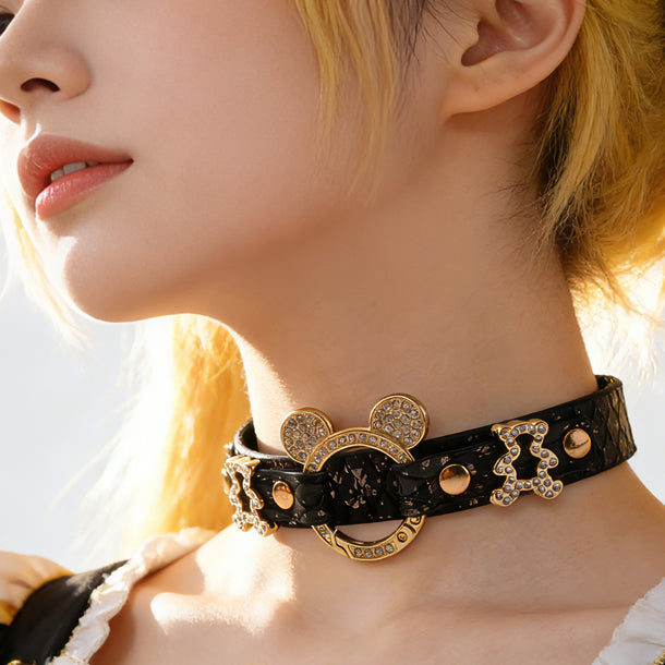 WILDCHOK PU Leather Choker | Sparkling Rhinestone Mouse‑Ear Frame with Gold‑Tone Hardware