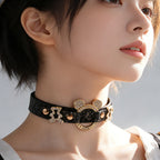 WILDCHOK PU Leather Choker | Sparkling Rhinestone Mouse‑Ear Frame with Gold‑Tone Hardware