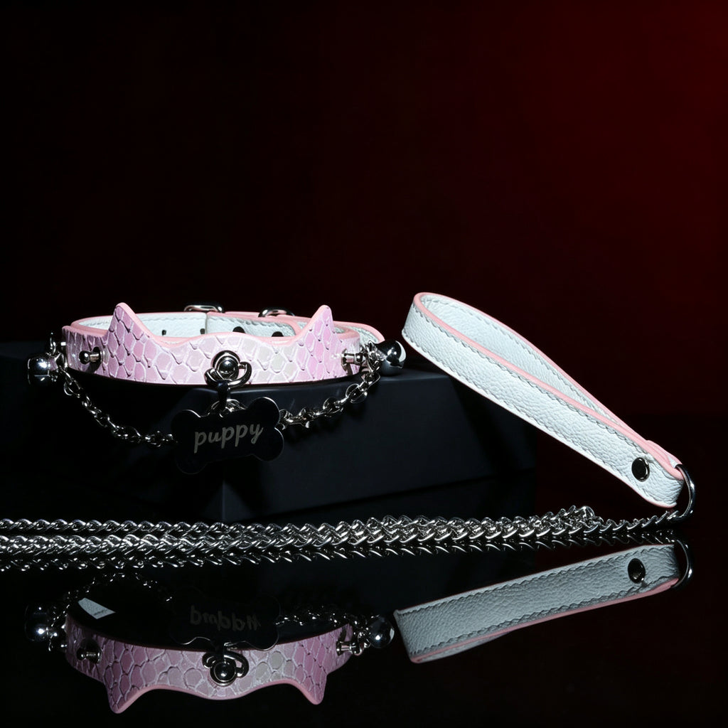 WILDCHOK Pink Snake‑Skin Cat‑Ear Choker | Engravable Bone Charm with Dual Bells