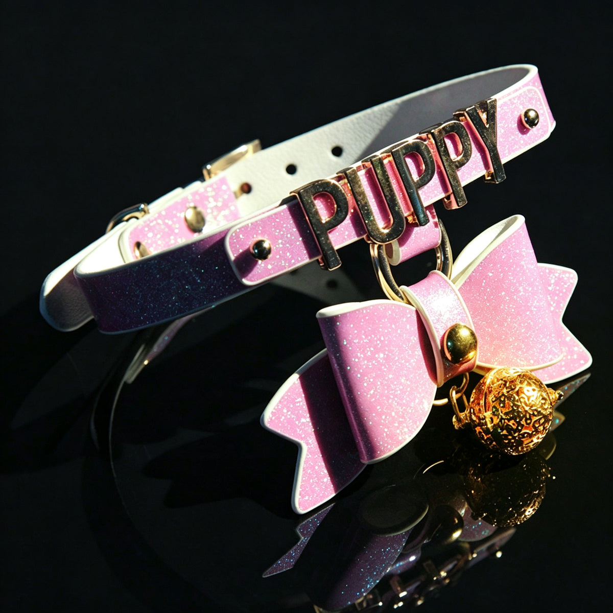 WILDCHOK Black Glitter TPU Choker | Bow, LED Bell & Metal Letter Decor