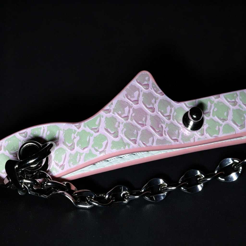 WILDCHOK Pink Snake‑Skin Cat‑Ear Choker | Engravable Bone Charm with Dual Bells