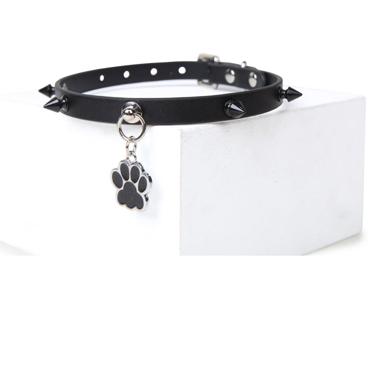 Paw Print Pendant Spiked Genuine Cowhide Choker, Punk Adjustable Human Collar