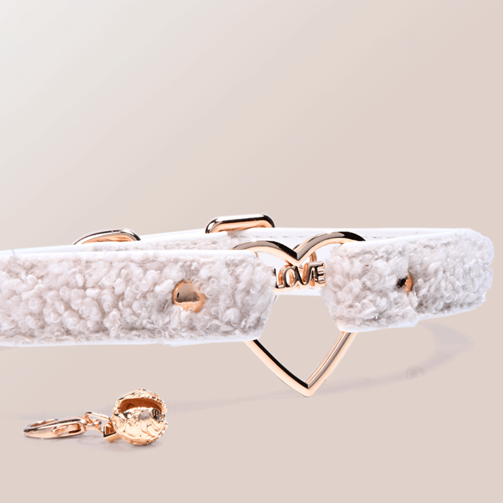 WILDCHOK Teddy Fleece Choker | LOVE‑Letter Heart Frame with Gold Bell Pendant