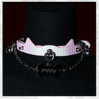 WILDCHOK Pink Snake‑Skin Cat‑Ear Choker | Engravable Bone Charm with Dual Bells