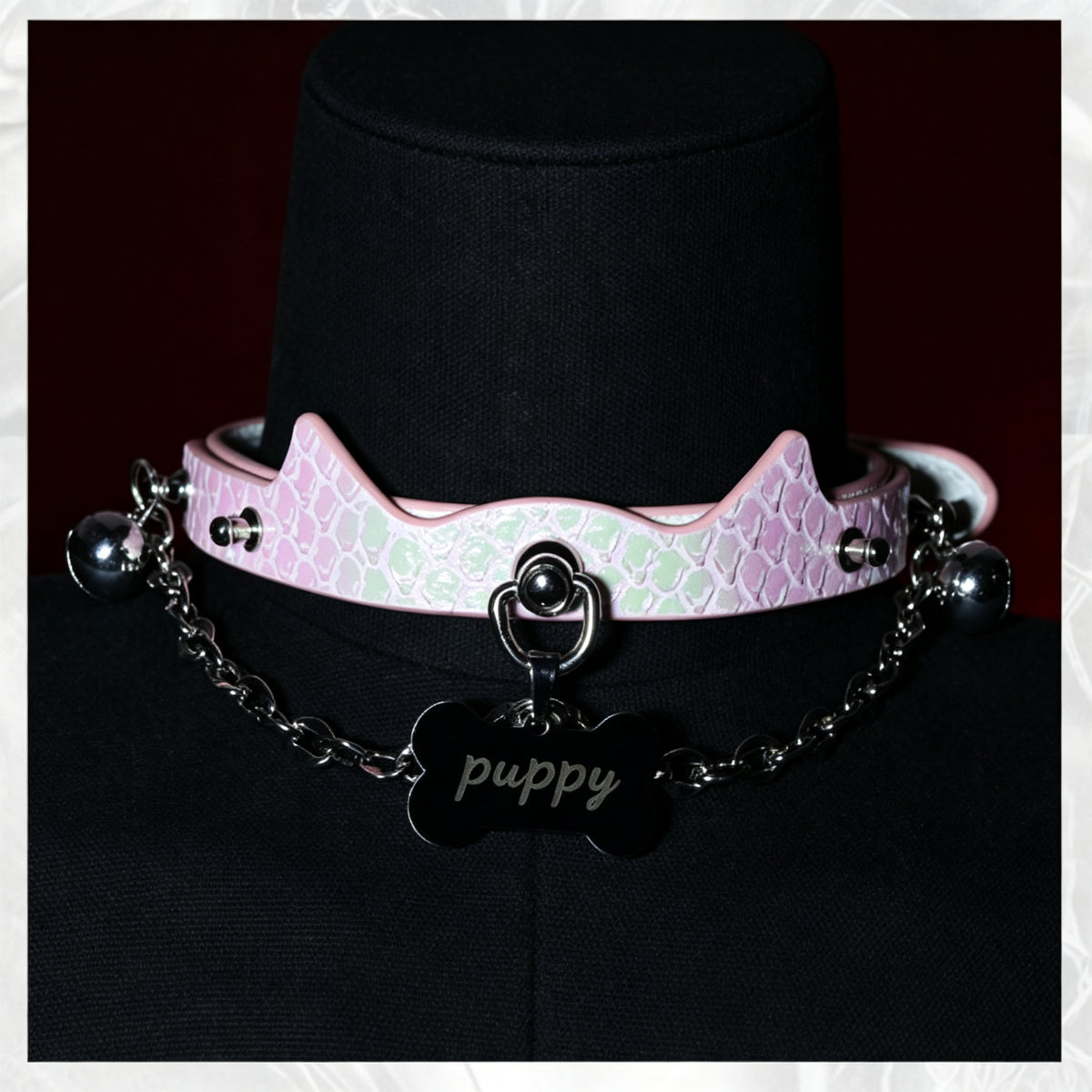 WILDCHOK Pink Snake‑Skin Cat‑Ear Choker | Engravable Bone Charm with Dual Bells