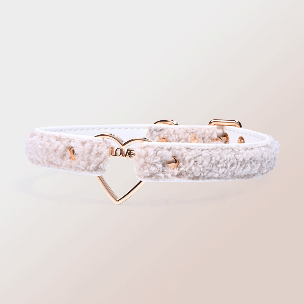 WILDCHOK Teddy Fleece Choker | LOVE‑Letter Heart Frame with Gold Bell Pendant