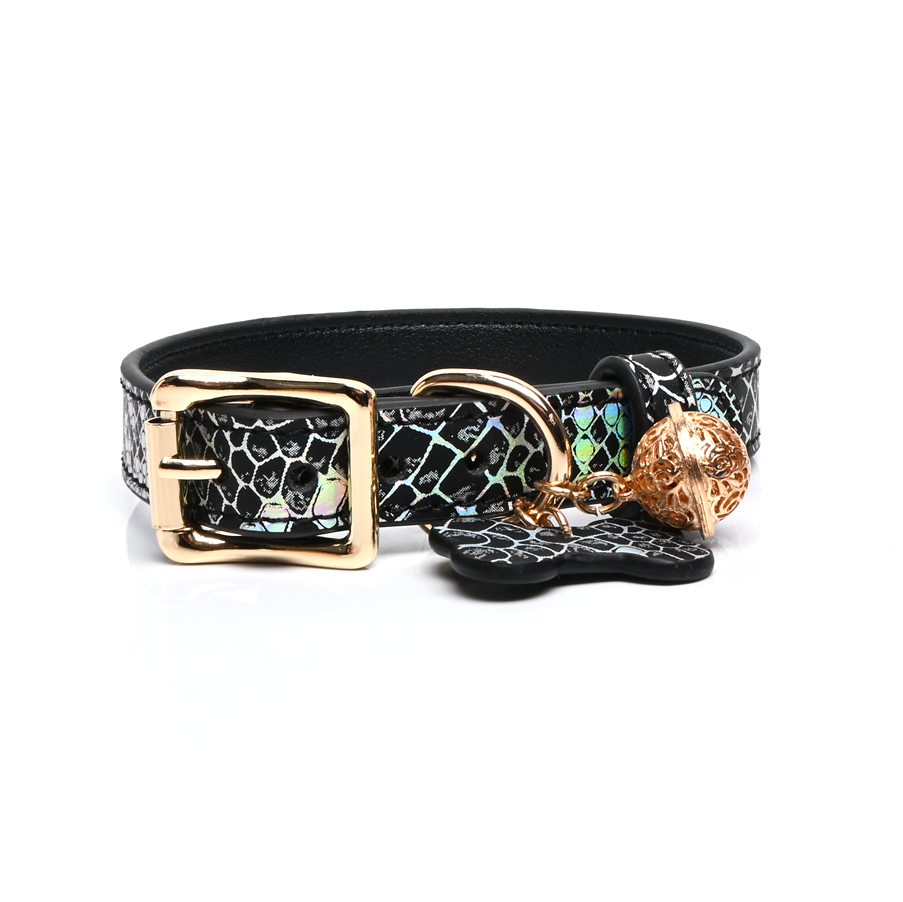 WILDCHOK Snake-Print Leather Choker, Gold Hardware with Bone Charm & Bell