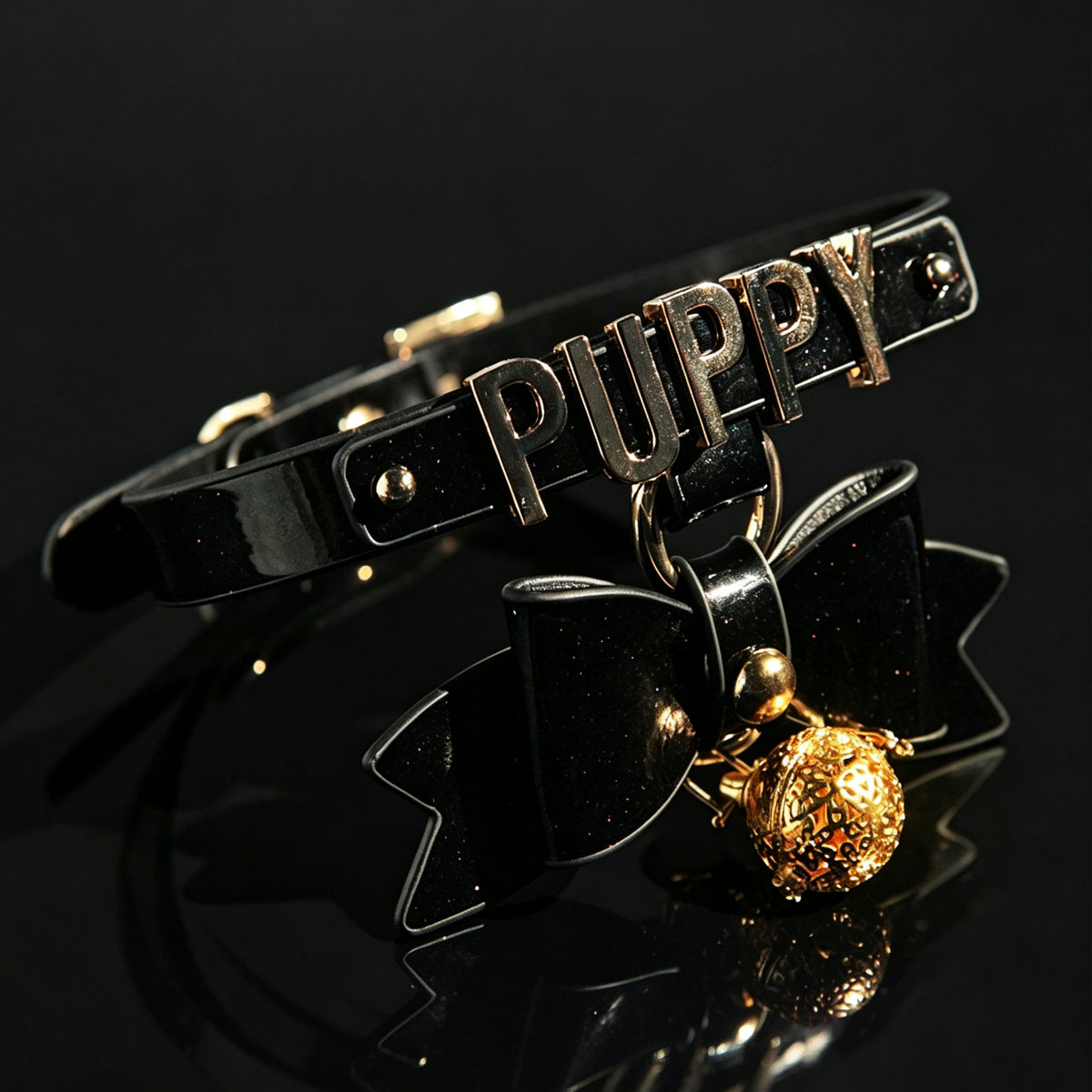 WILDCHOK Black Glitter TPU Choker | Bow, LED Bell & Metal Letter Decor