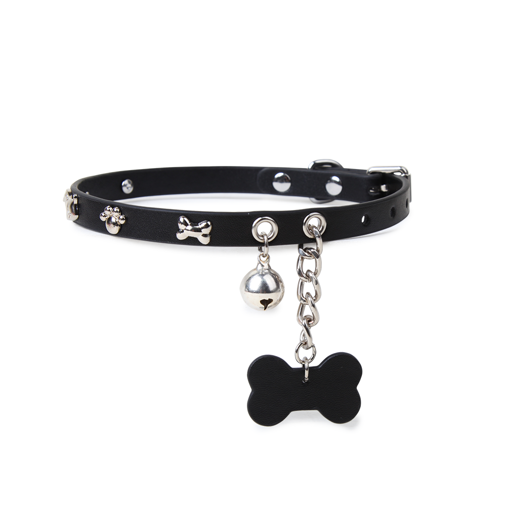 WILDCHOK Dark Paw & Bone Choker | Unisex Adjustable Black Faux Leather Collar with Bell and Bone Tag Pendant