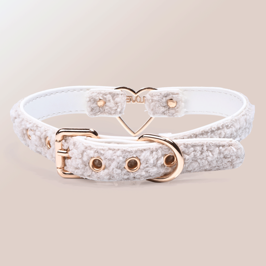 WILDCHOK Teddy Fleece Choker | LOVE‑Letter Heart Frame with Gold Bell Pendant