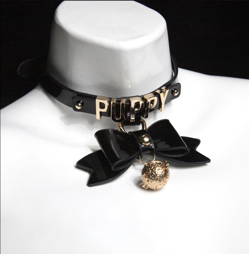 WILDCHOK Black Glitter TPU Choker | Bow, LED Bell & Metal Letter Decor
