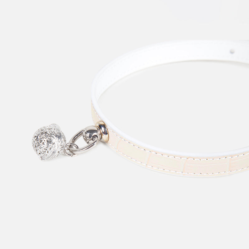 WILDCHOK White Croc‑Texture Genuine Cowhide Choker, Hollow‑Carved Silver Bell Charm