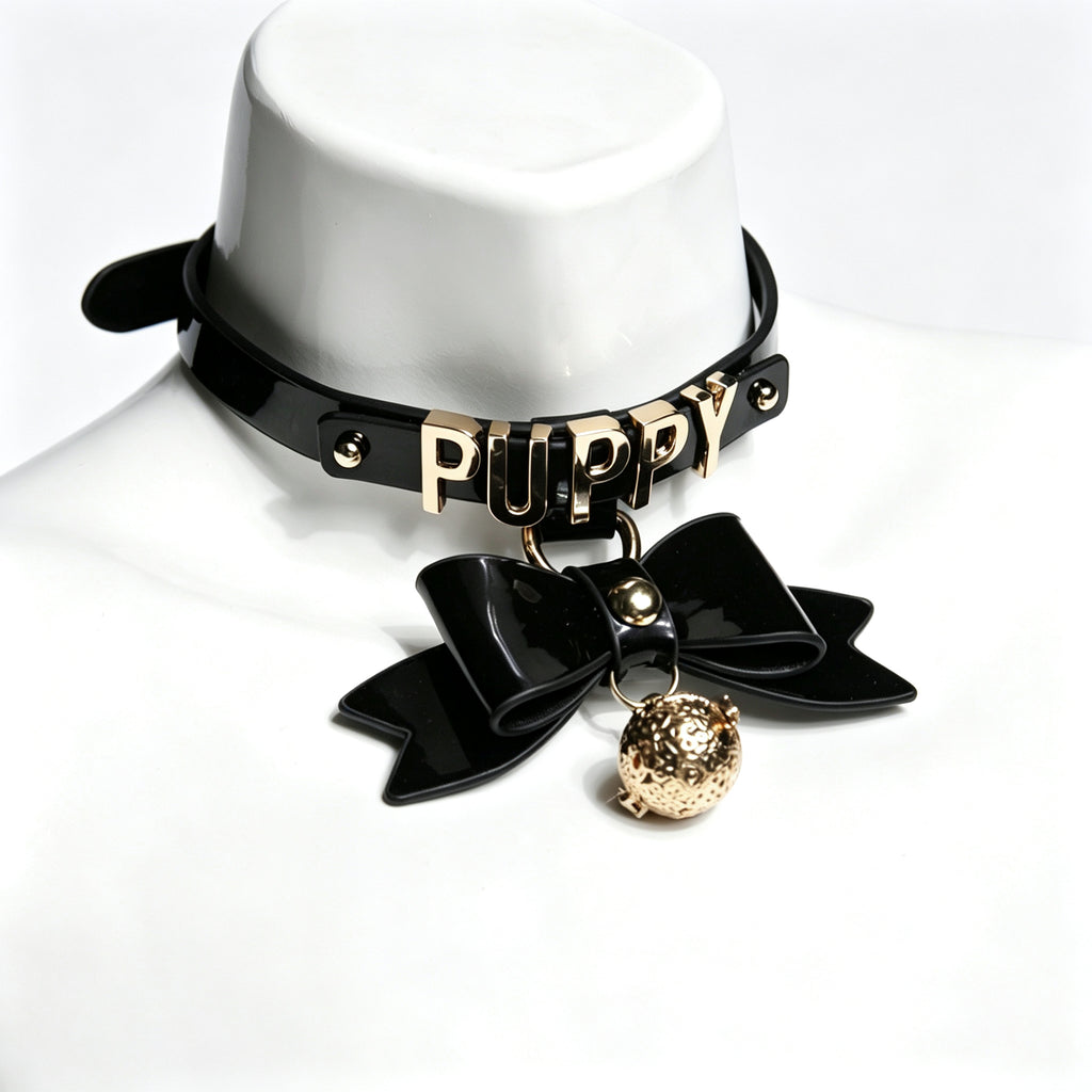 WILDCHOK Black Glitter TPU Choker | Bow, LED Bell & Metal Letter Decor