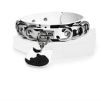 WILDCHOK Black‑White Cow Print O‑Ring Choker | Adjustable PU Leather Necklace with Cat‑Head Charm