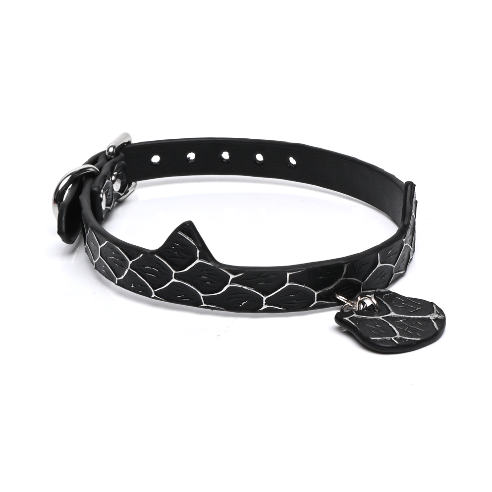 Cat Ear Snake Print Genuine Cowhide Choker, Adjustable Cat Pendant Collar
