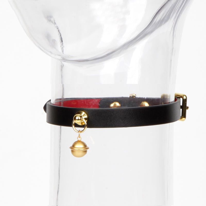 WILDCHOK Genuine Cowhide Leather Choker | Contrast Inner Lining with Gold Bell Pendant