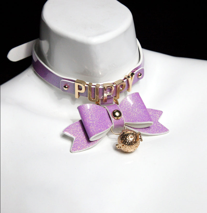 WILDCHOK Black Glitter TPU Choker | Bow, LED Bell & Metal Letter Decor