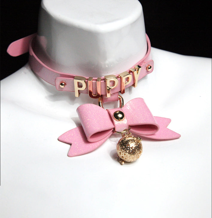 WILDCHOK Black Glitter TPU Choker | Bow, LED Bell & Metal Letter Decor