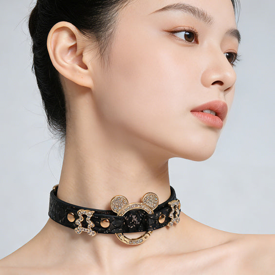 WILDCHOK PU Leather Choker | Sparkling Rhinestone Mouse‑Ear Frame with Gold‑Tone Hardware