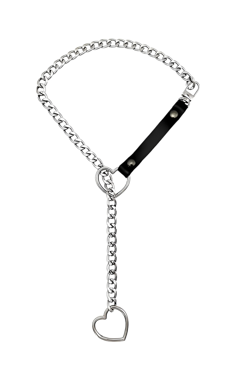 WILDCHOK - Heart Slip Chain Leather Strap Choker Collar