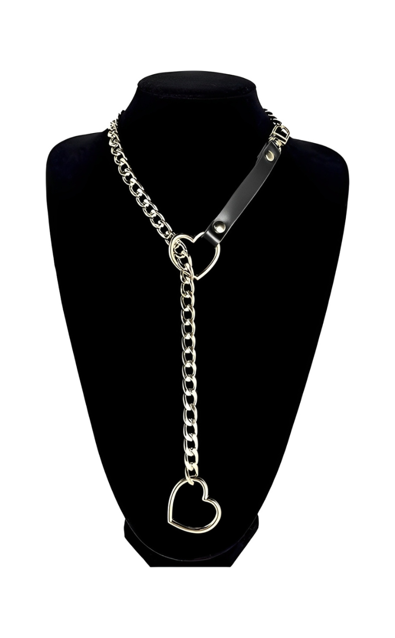WILDCHOK - Heart Slip Chain Leather Strap Choker Collar