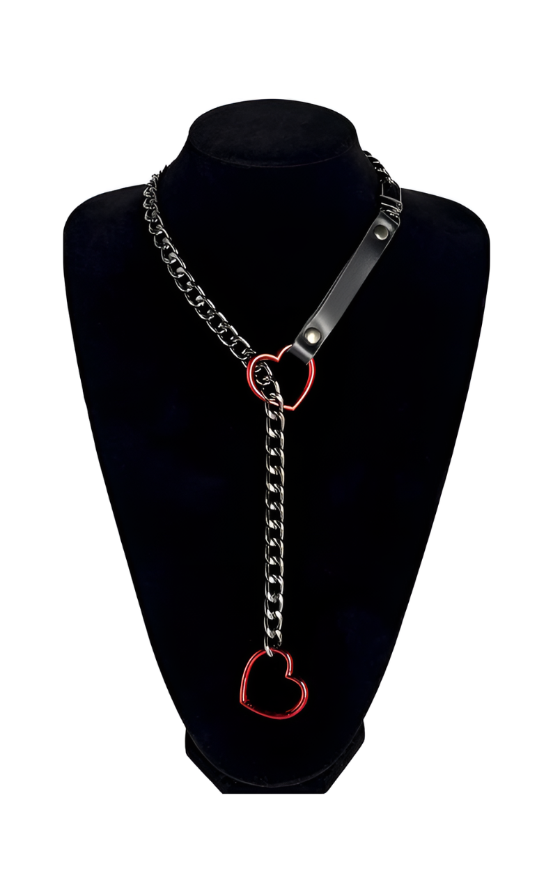 WILDCHOK - Heart Slip Chain Leather Strap Choker Collar