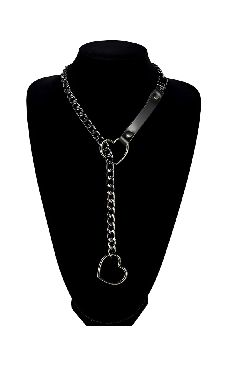 WILDCHOK - Heart Slip Chain Leather Strap Choker Collar