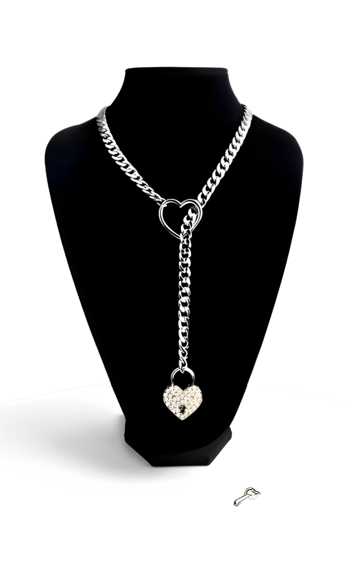 WILDCHOK - Crystal Heart Lock & Key Slip Chain