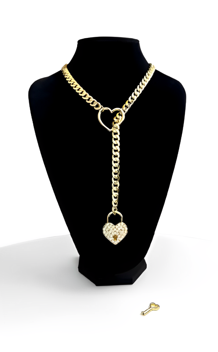 WILDCHOK - Crystal Heart Lock & Key Slip Chain