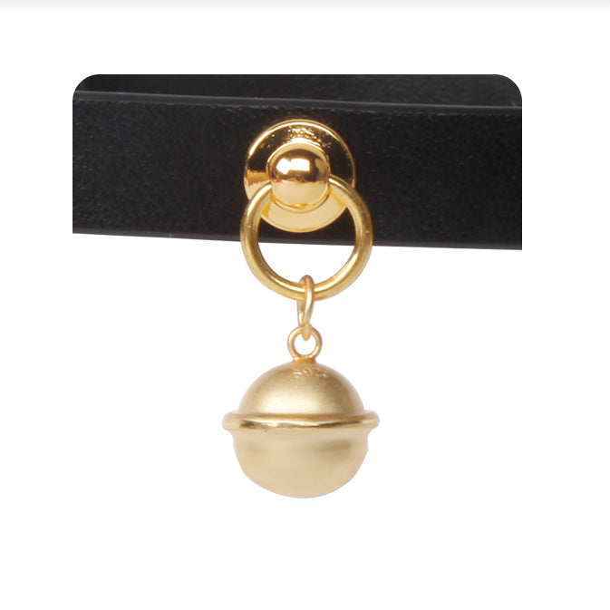 WILDCHOK Black Genuine Cowhide Choker, Adjustable Leather Necklace with Gold Bell Charm