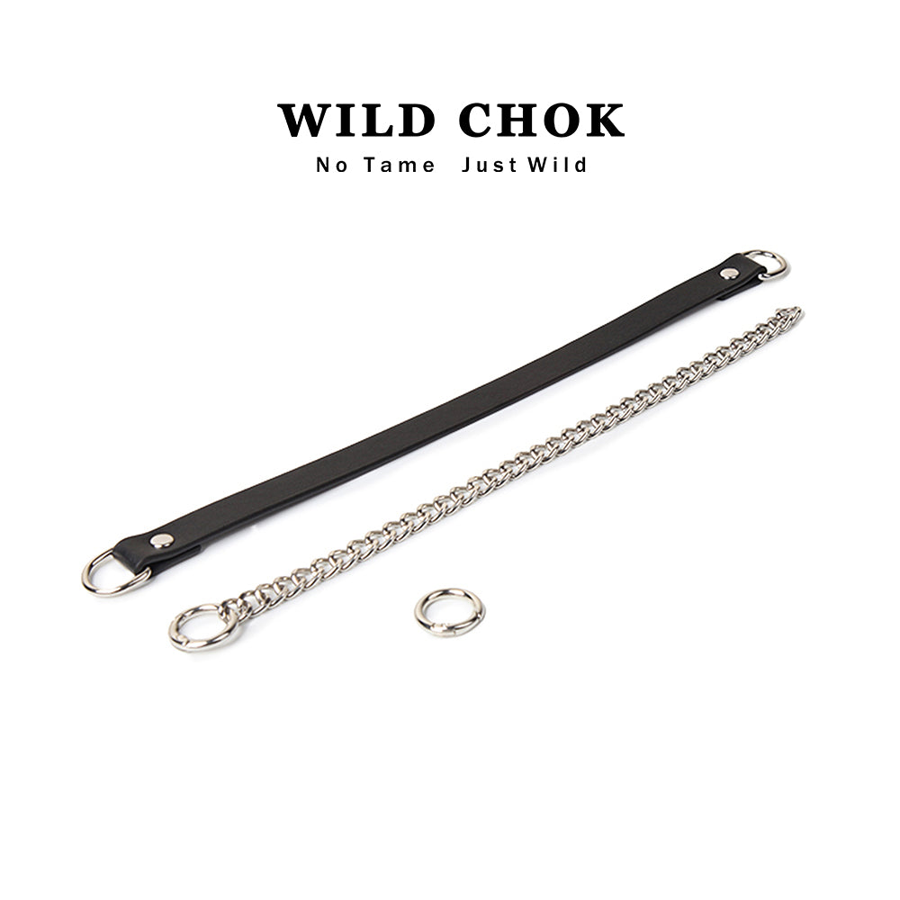 WILD CHOK PU Leather Choker with Metal Chain & Ring - Black White Edgy Daily Party Fashion Accessory