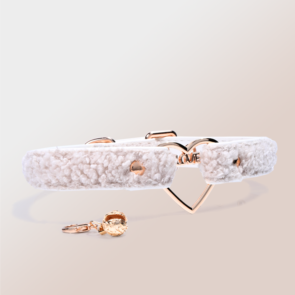 WILDCHOK Teddy Fleece Choker | LOVE‑Letter Heart Frame with Gold Bell Pendant