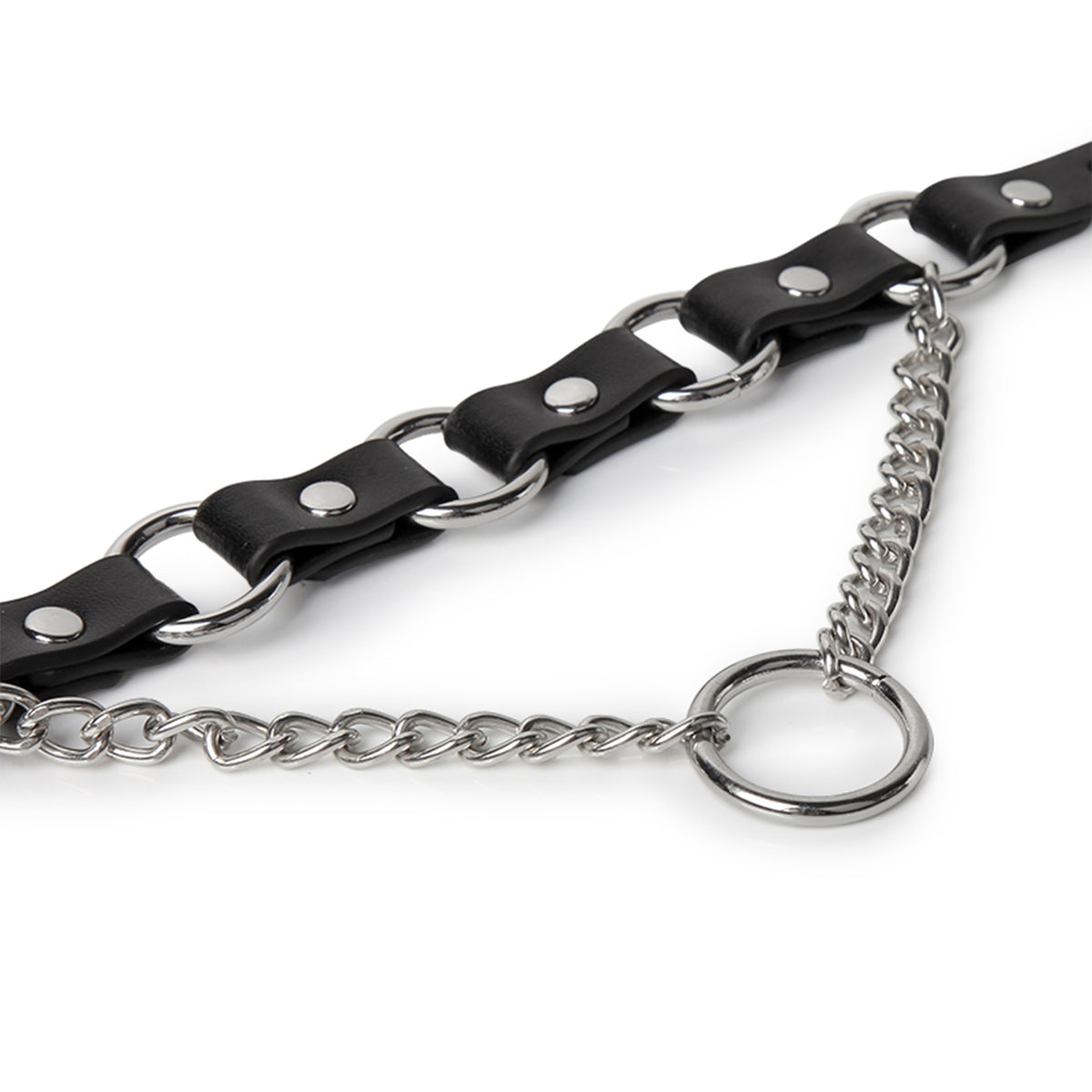 WILDCHOK Black PU Leather Choker | Multi O‑Ring Hardware with Front Chain Pendant